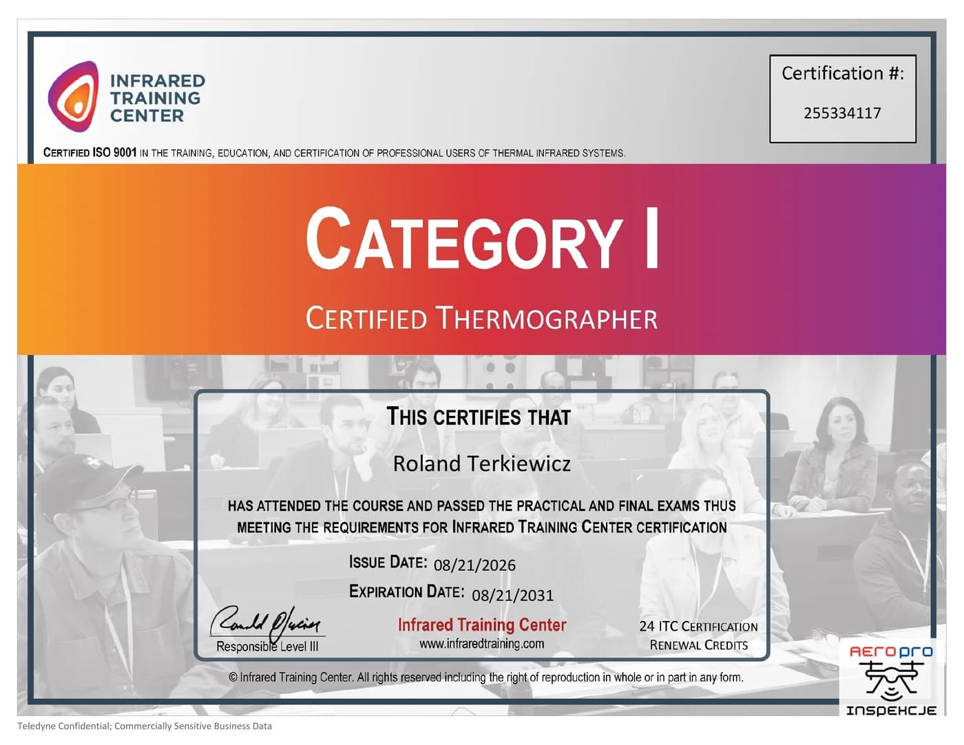 Certyfikat Category I — Certified Infrared Thermographer